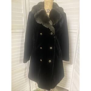 Black Faux Mink Fur Collar Faux Fur Coat Vintage Women’s Pea Coat Lined Large